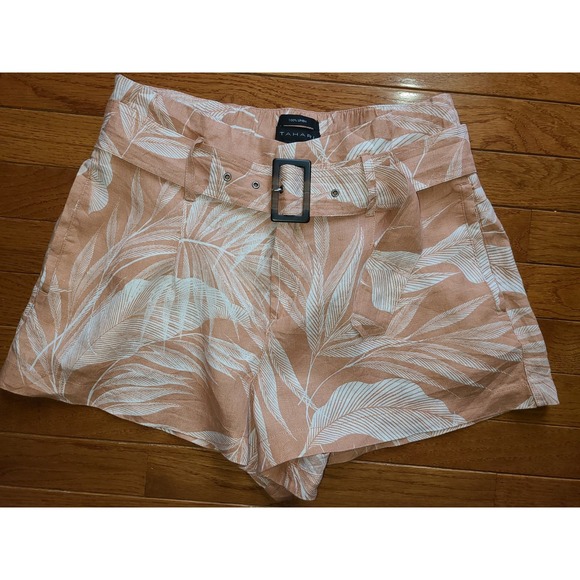 Tahari Pants - Tahari Womens Shorts M NWOT 100% Linen Palm Leaf Tropical Print Belted High Rise